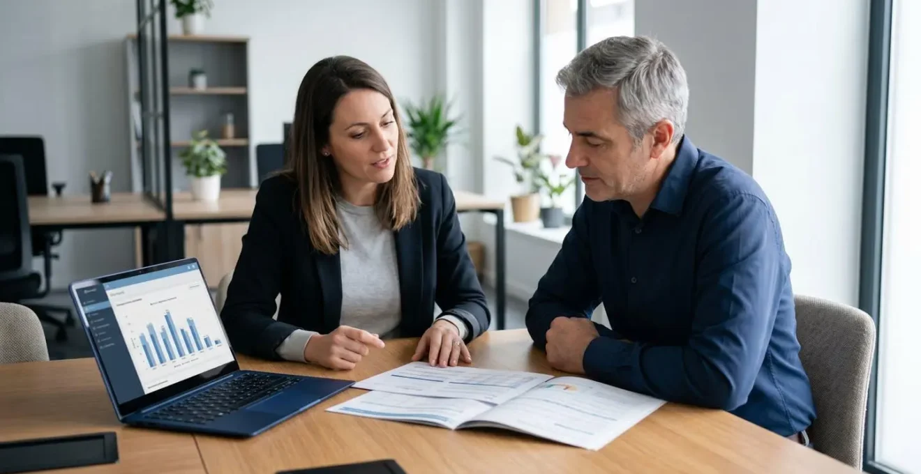 Conseiller énergie et dirigeant d'entreprise en consultation collaborative dans un bureau moderne, travaillant sur documents techniques et tableau de bord