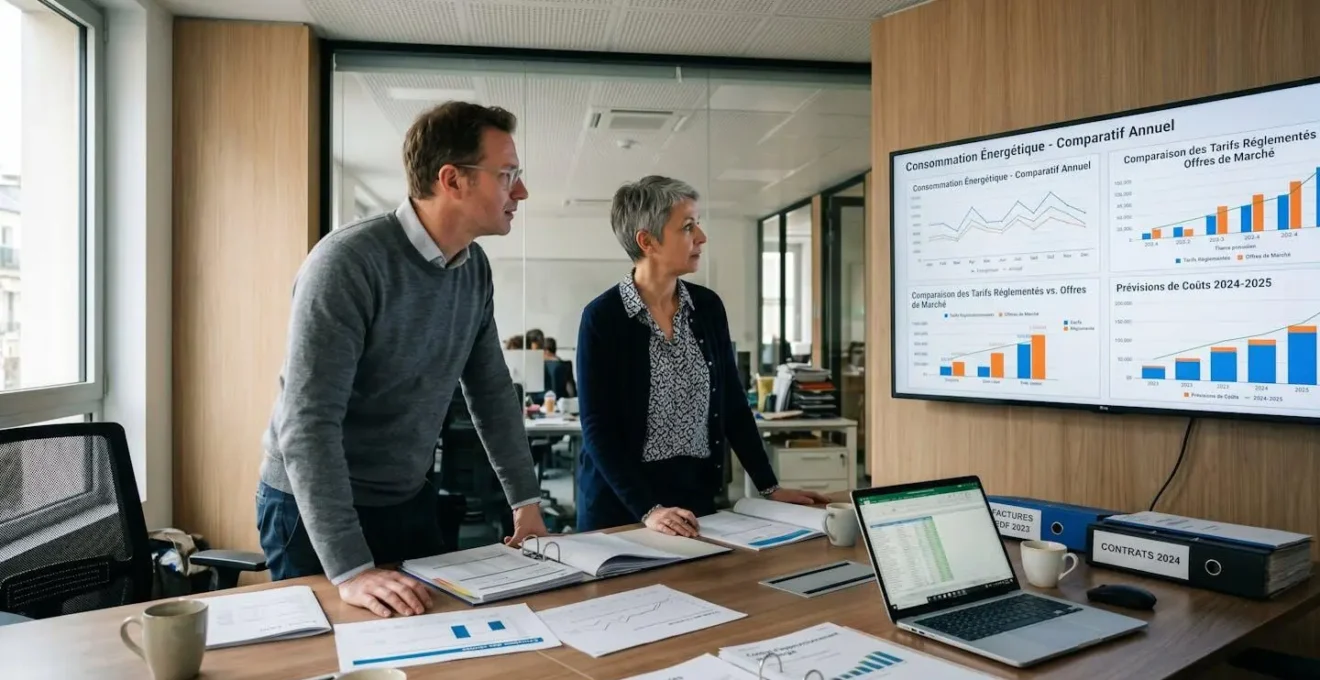 Deux professionnels analysant des graphiques de consommation énergétique et documents contractuels dans un bureau contemporain, écran mural affichant courbes de charge et comparatifs tarifaires
