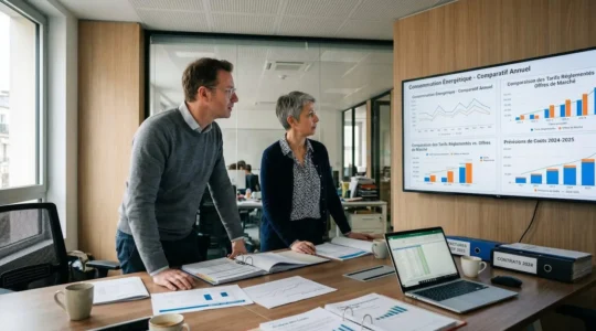 Deux professionnels analysant des graphiques de consommation énergétique et documents contractuels dans un bureau contemporain, écran mural affichant courbes de charge et comparatifs tarifaires