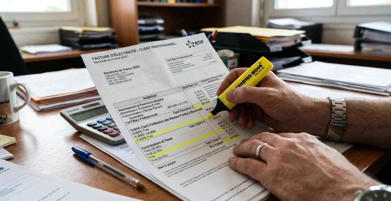 Gros plan sur une facture d'électricité professionnelle avec main surlignant les composantes tarifaires (fourniture, TURPE, taxes), calculatrice et stylo à proximité