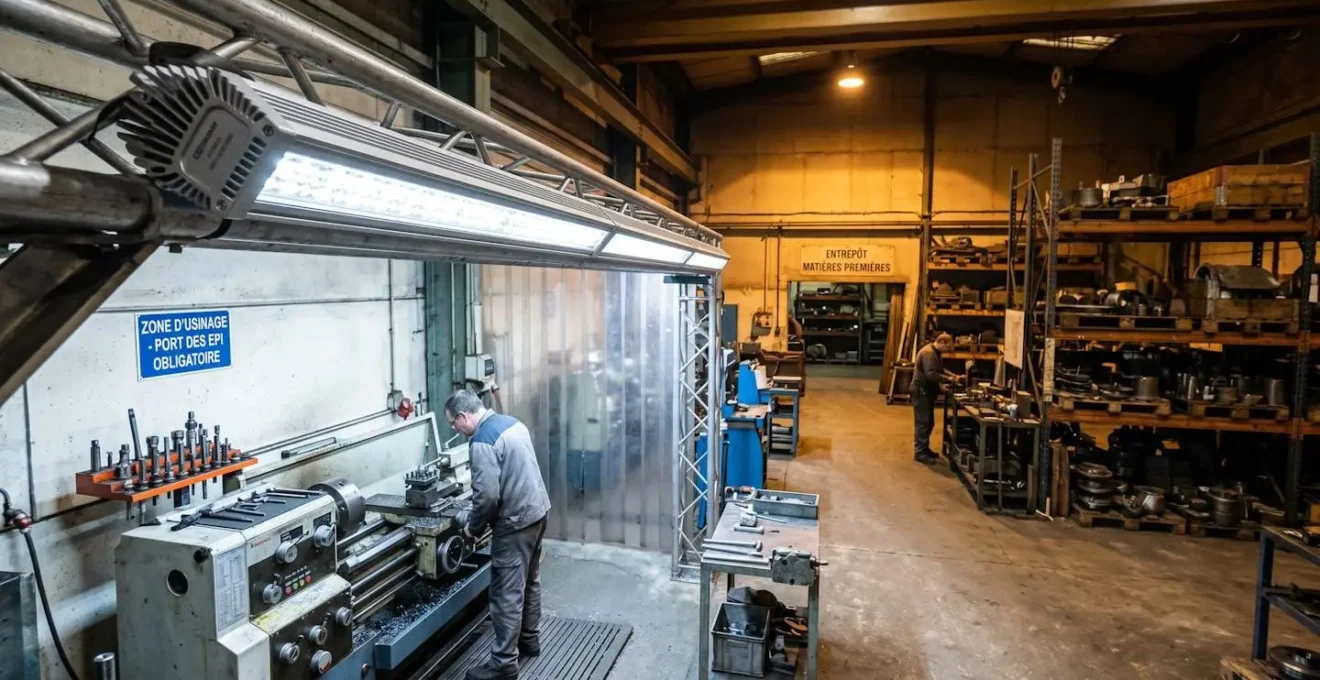 Installation d'éclairage LED industriel moderne dans un atelier, montrant le contraste avec l'ancien éclairage halogène jaunâtre