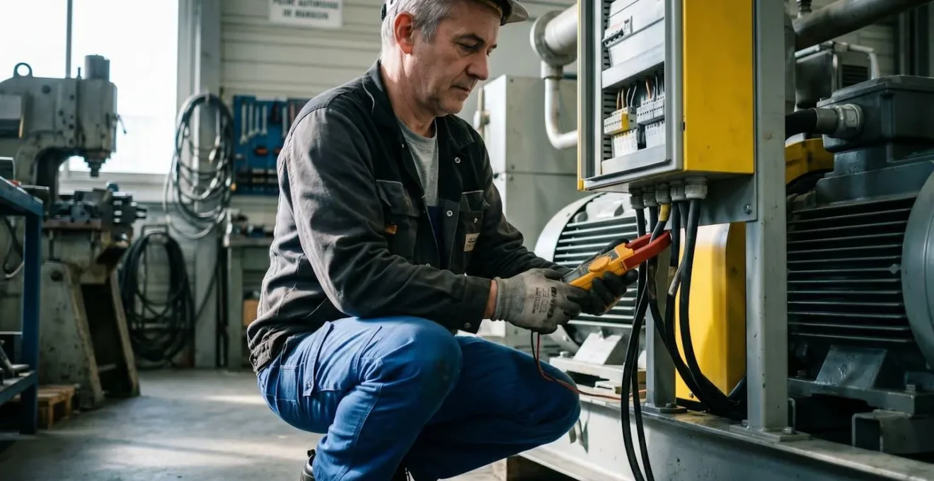 Technicien auditeur réalisant des mesures électriques sur un équipement industriel avec pince ampèremétrique dans un atelier de production