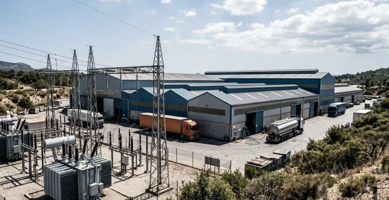 Vue aérienne d'un site industriel français avec infrastructure énergétique visible : transformateurs électriques, réseau de distribution et bâtiments de production métalliques dans un environnement PACA