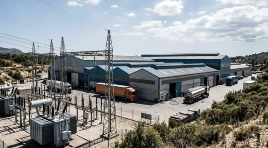 Vue aérienne d'un site industriel français avec infrastructure énergétique visible : transformateurs électriques, réseau de distribution et bâtiments de production métalliques dans un environnement PACA