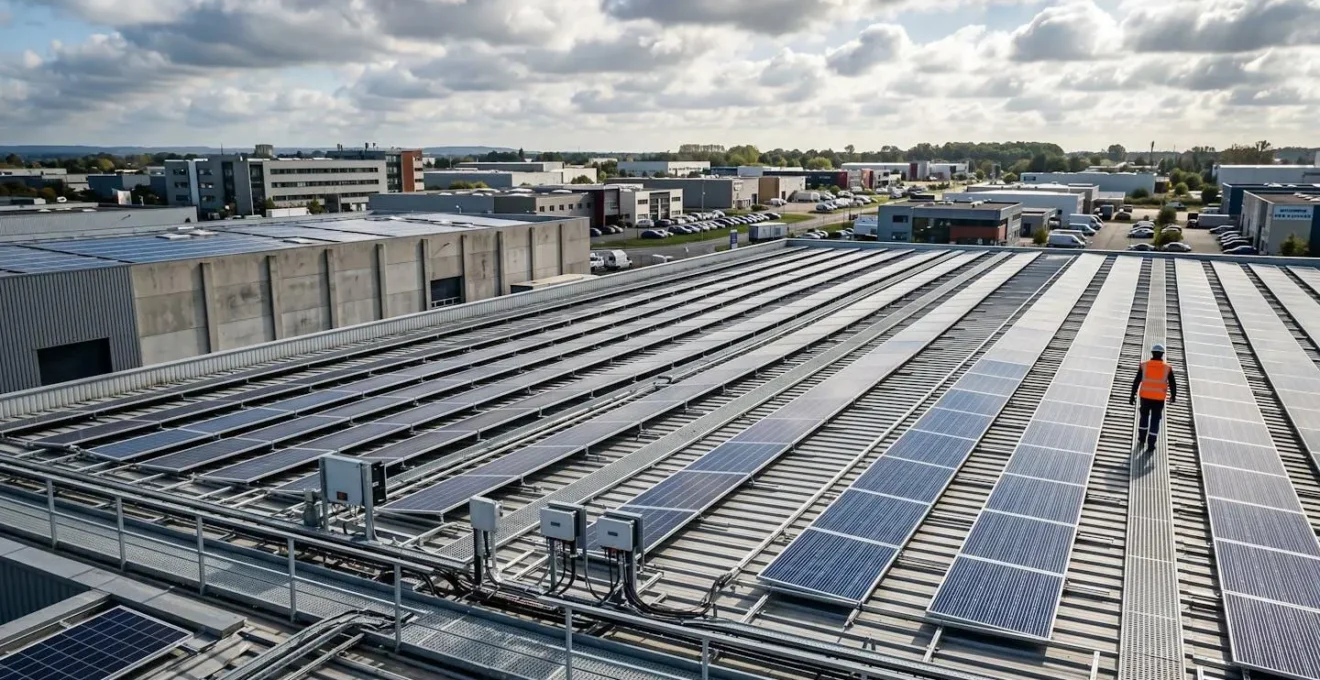 Vue aérienne d'une toiture industrielle équipée de panneaux solaires photovoltaïques alignés, structure métallique et câblage visible, technicien en intervention de maintenance