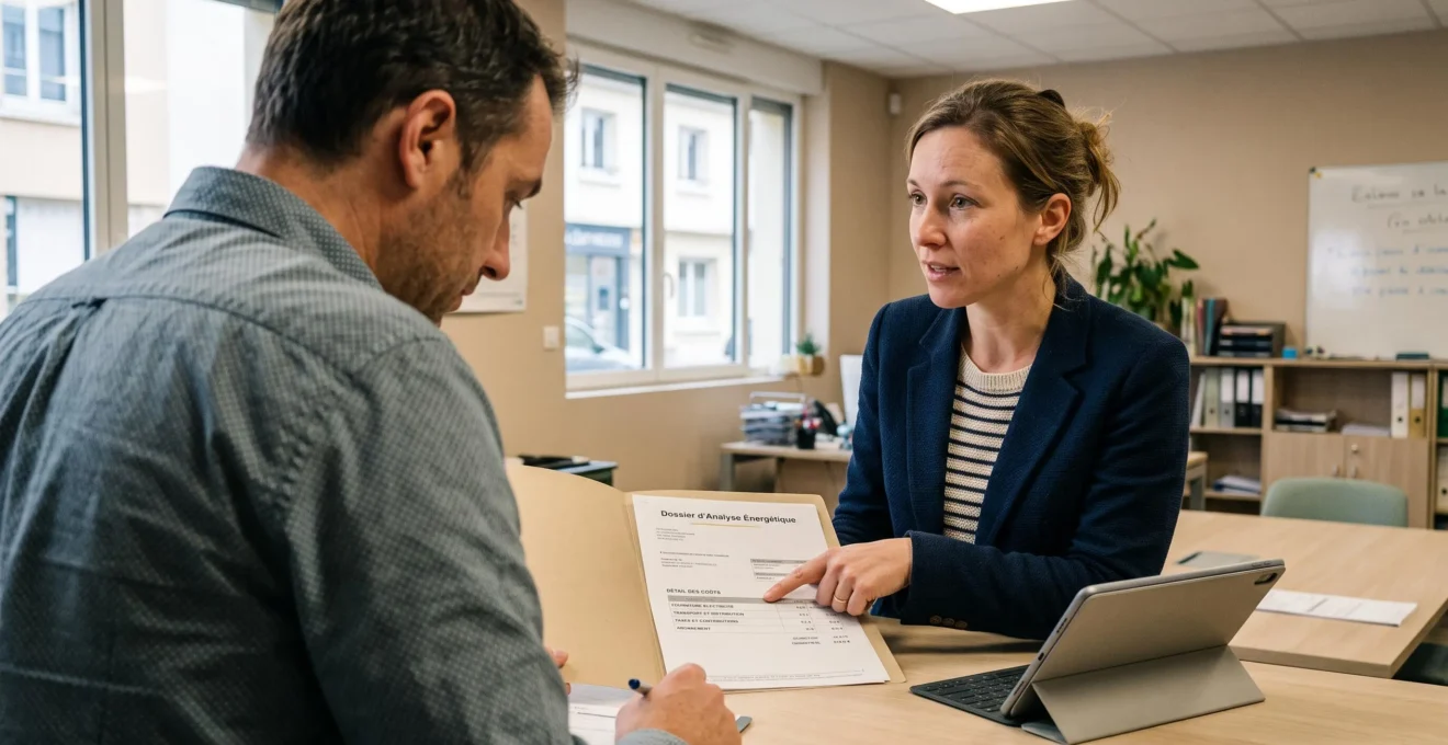 Une courtière en énergie explique les lignes d'une facture d'électricité et de gaz à un dirigeant dans un bureau de PME française.