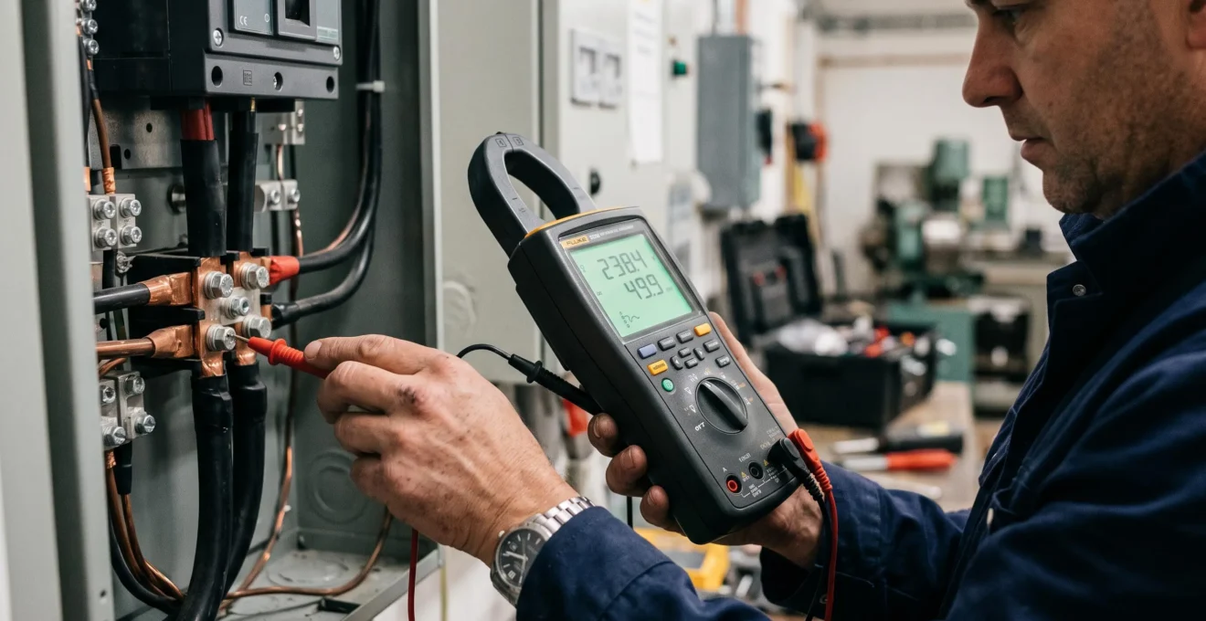 Gros plan sur un appareil de mesure électrique connecté à un câble d'alimentation dans un tableau de distribution commercial.